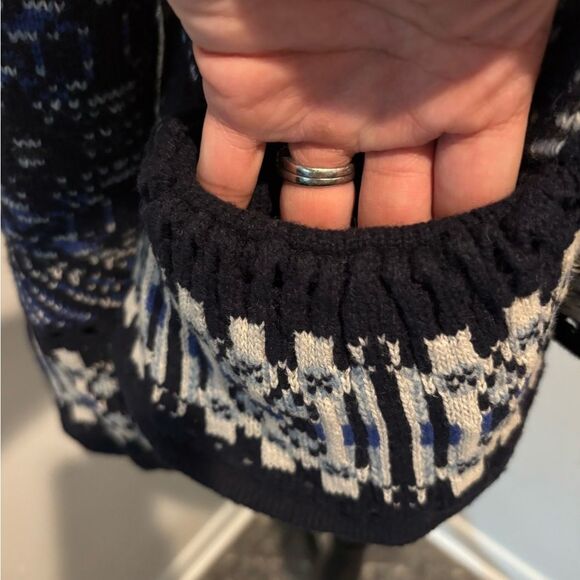 ODD MOLLY Boho Scandi Blue Black Wool Shawl Collar Embroidered Knit Cardigan M - Picture 6 of 11